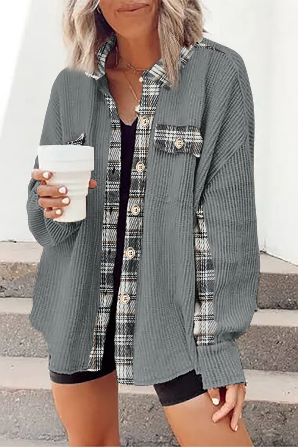 Women Waffle Knit Plaid Shacket Boyfriend Button Down Shirt Jacket