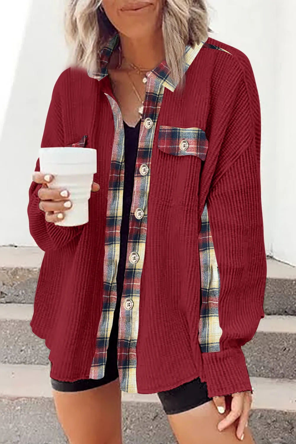 Women Waffle Knit Plaid Shacket Boyfriend Button Down Shirt Jacket