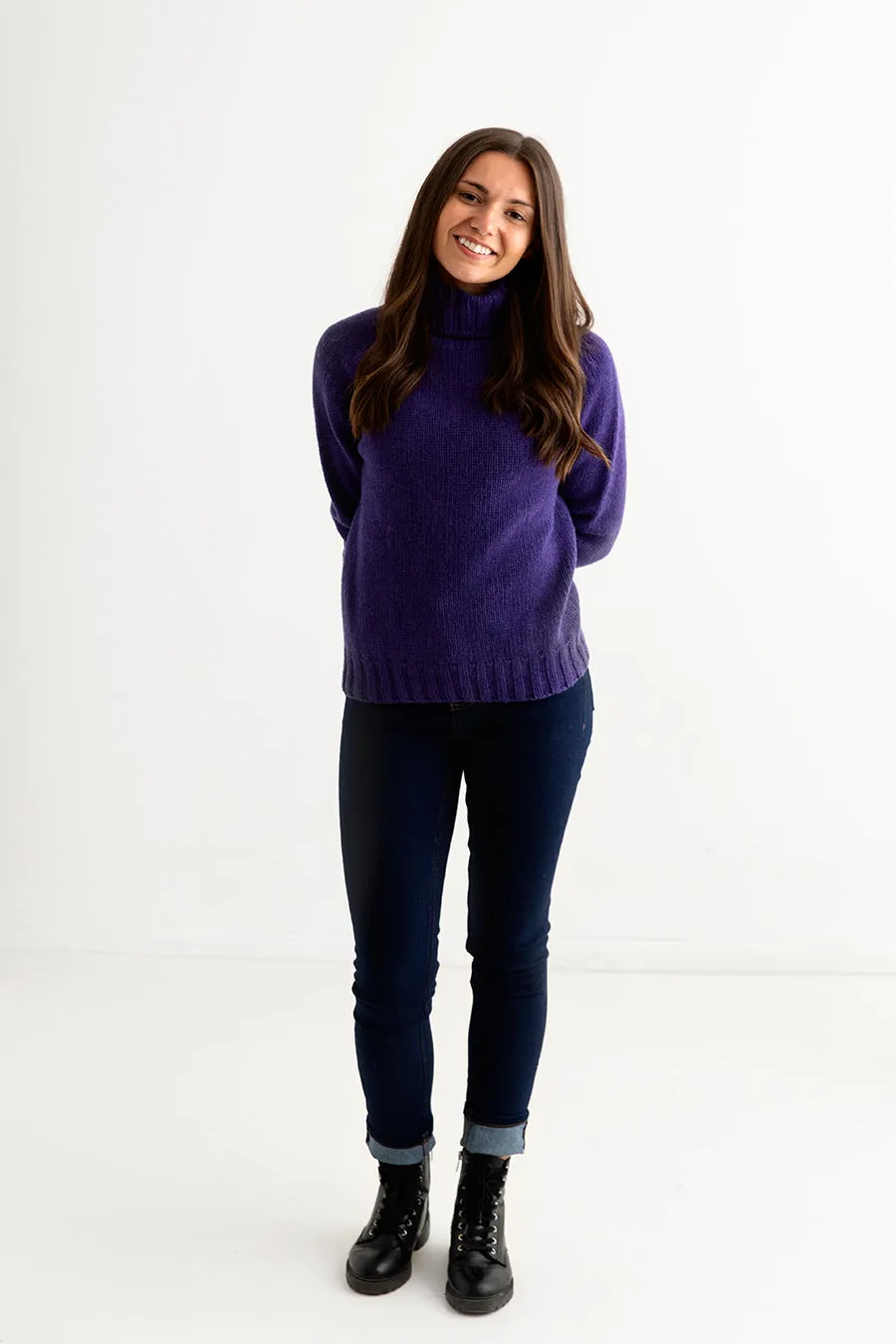 Womens Chunky Geelong Superfine Lambswool Polo Neck Jumper - Purple