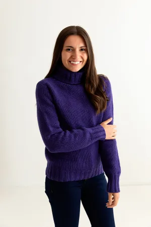 Womens Chunky Geelong Superfine Lambswool Polo Neck Jumper - Purple