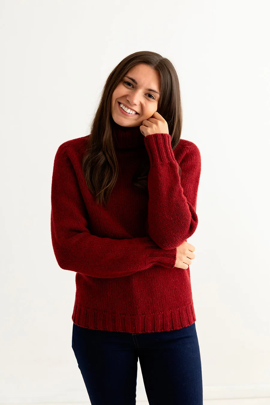 Womens Chunky Geelong Superfine Lambswool Polo Neck Jumper - Red