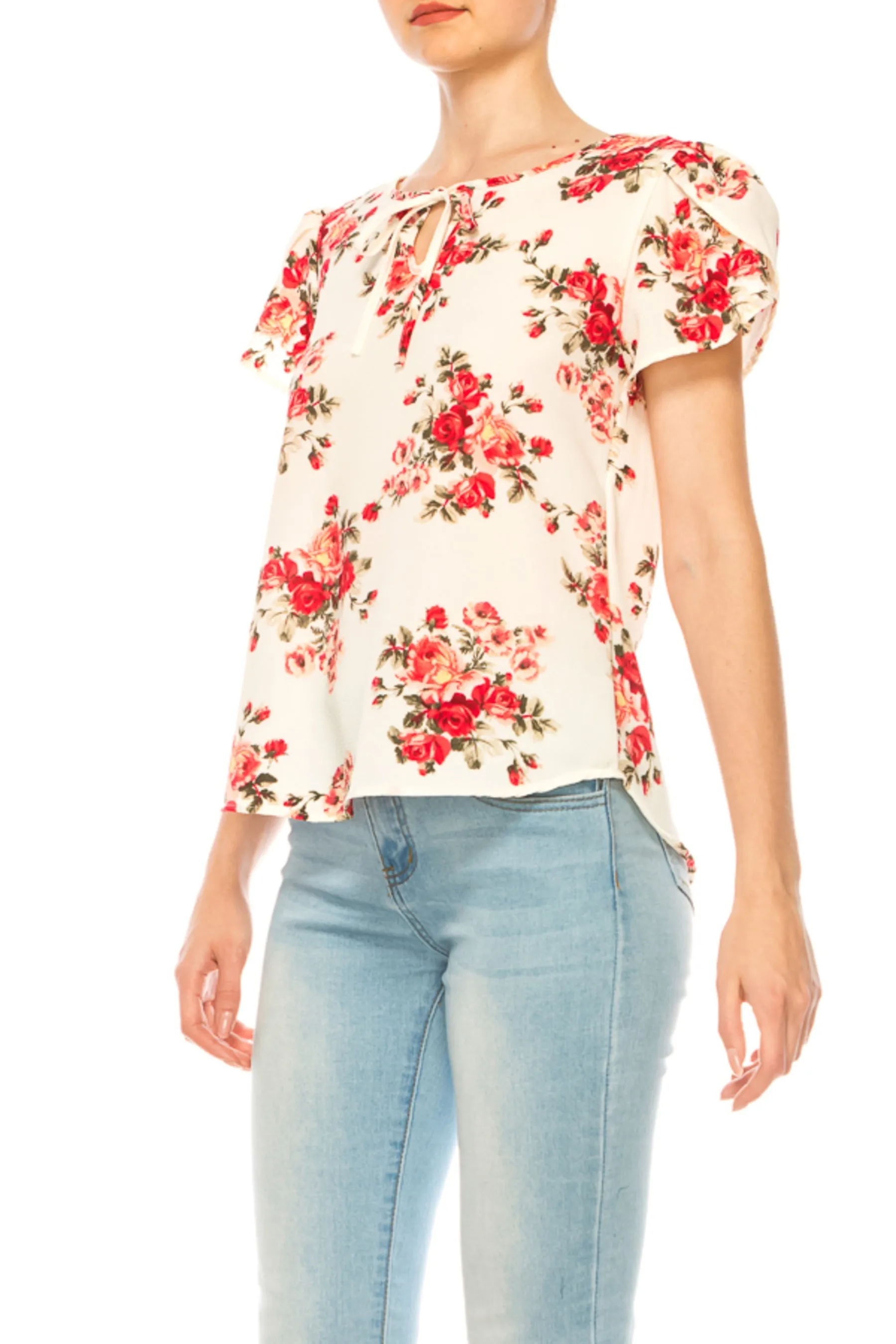 Women's Floral Pattern Short Sleeve Tunic Top Blouse