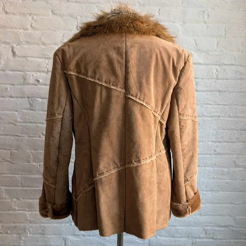 Y2K Brown Suede Penny Lane Jacket Groovy Faux Fur Genuine Leather Trench Coat