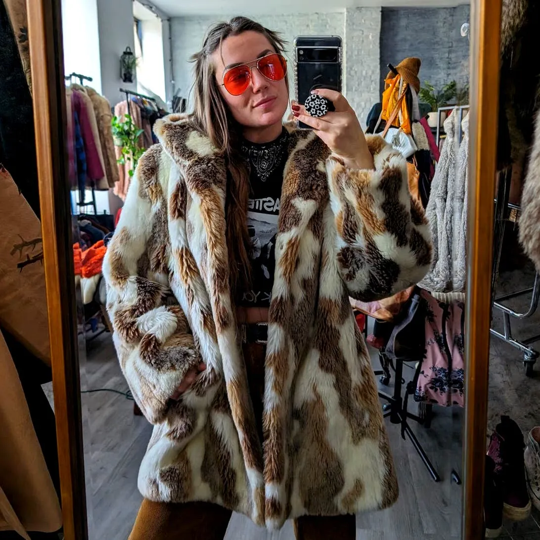 Y2K Vintage Mob Wife Fluffy Vegan Fur Coat Cow Print Shag Cowgirl Groovy Jacket