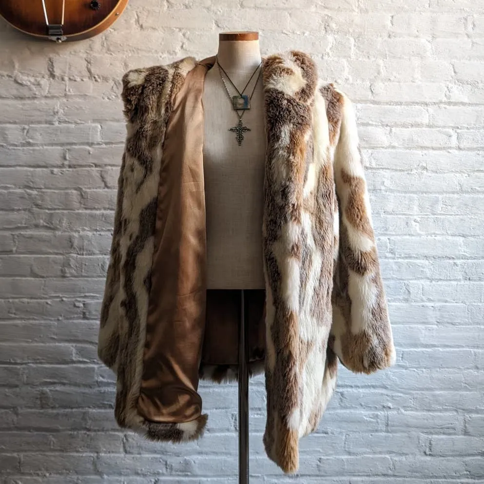 Y2K Vintage Mob Wife Fluffy Vegan Fur Coat Cow Print Shag Cowgirl Groovy Jacket