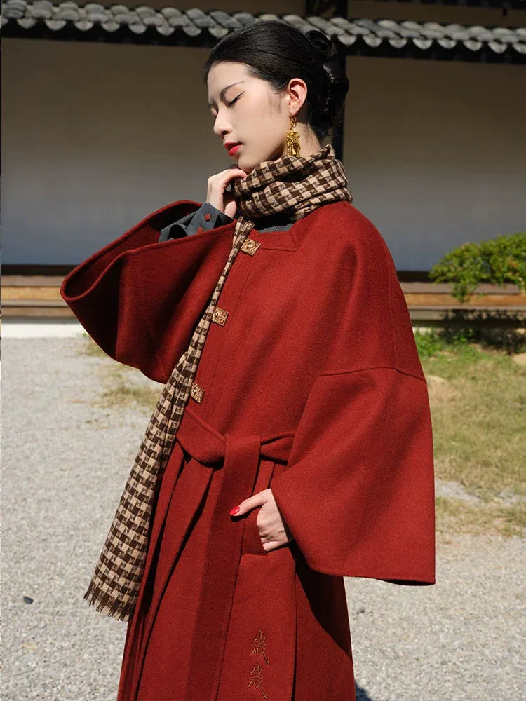 Yu Nian 余年 Longevity Modernized Ming Dynasty Pure Wool Winter Square Collar Trench Coat & Mamian Set