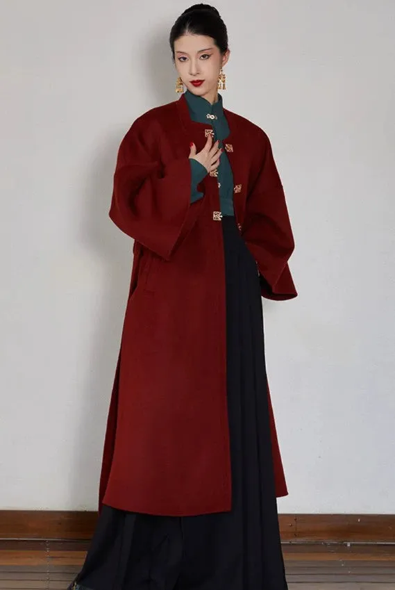 Yu Nian 余年 Longevity Modernized Ming Dynasty Pure Wool Winter Square Collar Trench Coat & Mamian Set